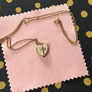 Gold Heart Locket with cross necklace with mother of pearl 1/20 14k GF